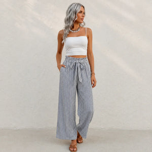Pantalon Large Rayures Femme Taille Haute Fluide Bohème - pantalons larges GoHappy