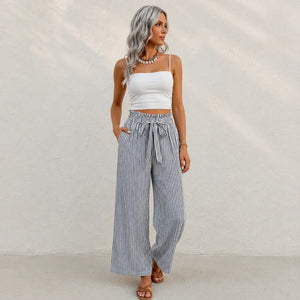 Pantalon Large Rayures Femme Taille Haute Fluide Bohème - pantalons larges GoHappy