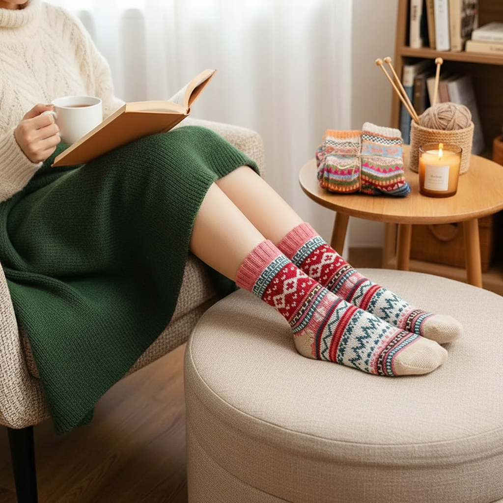 Paires Chaussettes Femme Chaudes Confort Rétro Ethnique Hiver par 5pcs