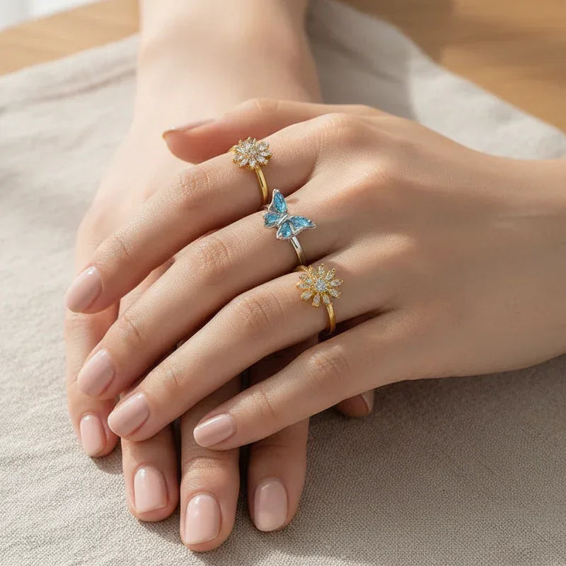 Bagues Spinner Rotatives Fleur Abeille en Cristal Argent Ajustables - bague femme GoHappy