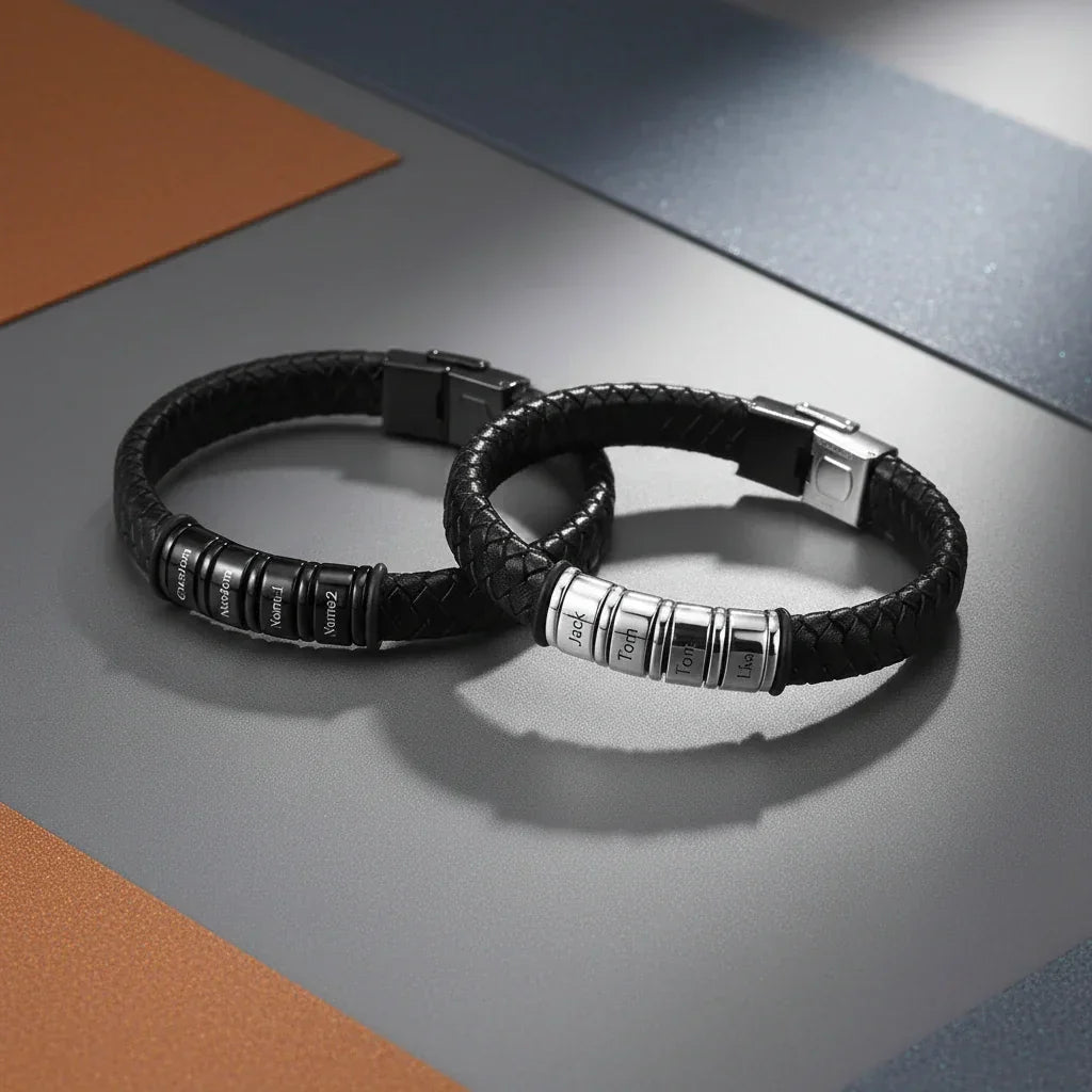 Bracelet Masculin Cuir Tressé - Fermoir Acier Gravé Prénoms