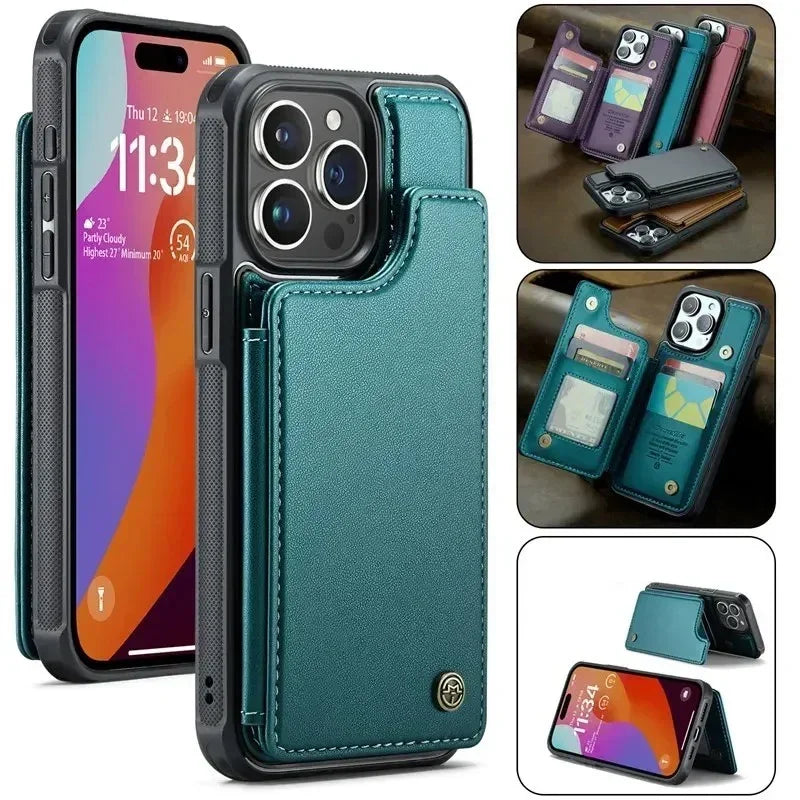 Coque portefeuille iPhone cuir PU 5 cartes, fermeture magnétique - coque pour smartphone GoHappy