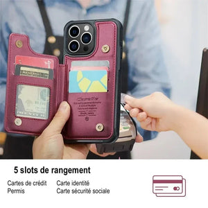 Coque portefeuille iPhone cuir PU 5 cartes, fermeture magnétique GoHappy shop