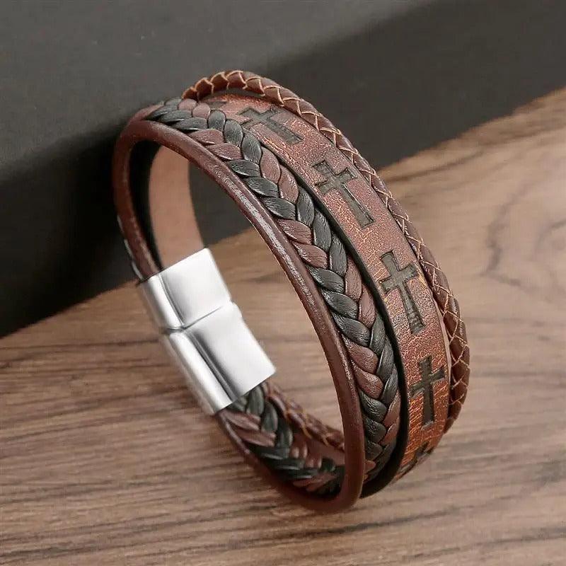 Bracelet Homme en Cuir avec Gravure Croix et Fermoir Acier - bracelet homme GoHappy