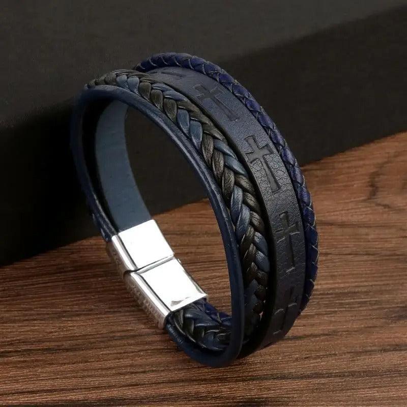 Bracelet Homme en Cuir avec Gravure Croix et Fermoir Acier - bracelet homme GoHappy