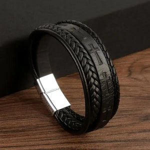Bracelet Homme en Cuir avec Gravure Croix et Fermoir Acier - bracelet homme GoHappy