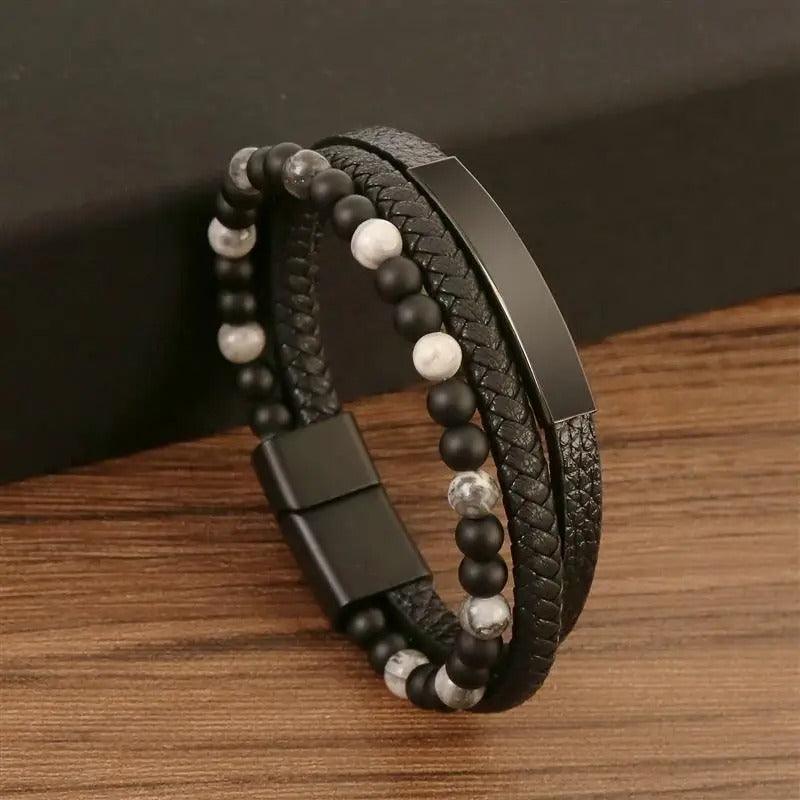 Bracelet Homme en Cuir et Pierres Naturelles Élégant