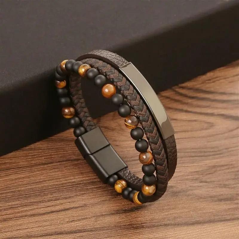 Bracelet Homme en Cuir et Pierres Naturelles Élégant - bracelet homme GoHappy