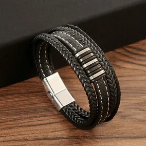 Bracelet Homme en Cuir Noir Double Tressage et Acier - bracelet homme GoHappy