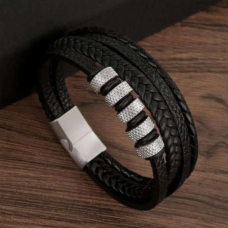Bracelet Homme en Cuir et Perles en Acier - bracelet homme GoHappy