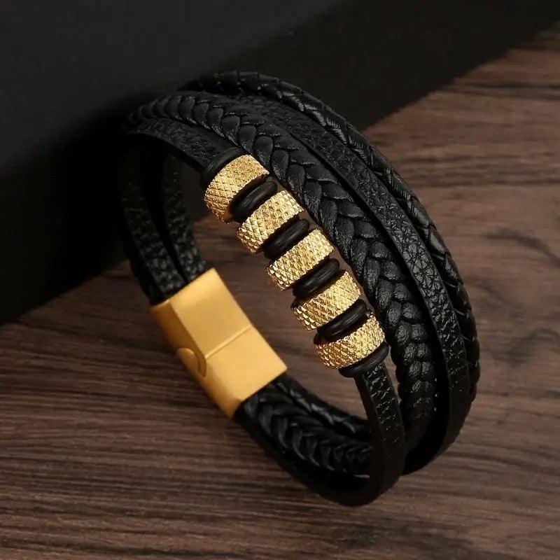 Bracelet Homme en Cuir et Perles en Acier - bracelet homme GoHappy