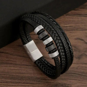 Bracelet Homme en Cuir et Perles en Acier - bracelet homme GoHappy