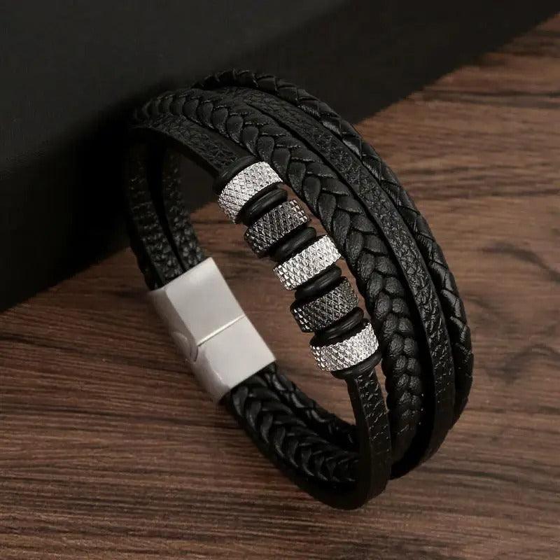 Bracelet Homme en Cuir et Perles en Acier - bracelet homme GoHappy