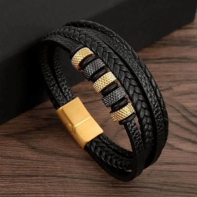 Bracelet Homme en Cuir et Perles en Acier - bracelet homme GoHappy