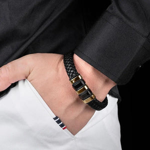 Bracelet Cuir Homme Personnalisé Gravure Prénoms Acier Tressé - bijou personnalisé GoHappy