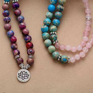 Bracelet Chakra & Collier 108 Perles - Jaspe et Quartz Rose - Bijou Collier GoHappy