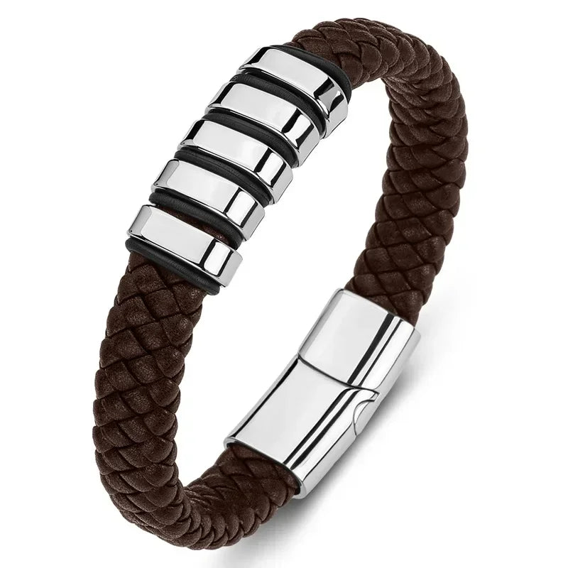 Bracelet Cuir Homme Personnalisé Gravure Prénoms Acier Tressé - bijou personnalisé GoHappy