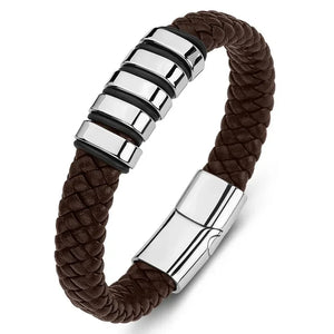 Bracelet Cuir Homme Personnalisé Gravure Prénoms Acier Tressé - bijou personnalisé GoHappy