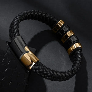 Bracelet Cuir Homme Personnalisé Gravure Prénoms Acier Tressé - bijou personnalisé GoHappy