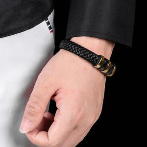 Bracelet Cuir Homme Personnalisé Gravure Prénoms Acier Tressé - bijou personnalisé GoHappy