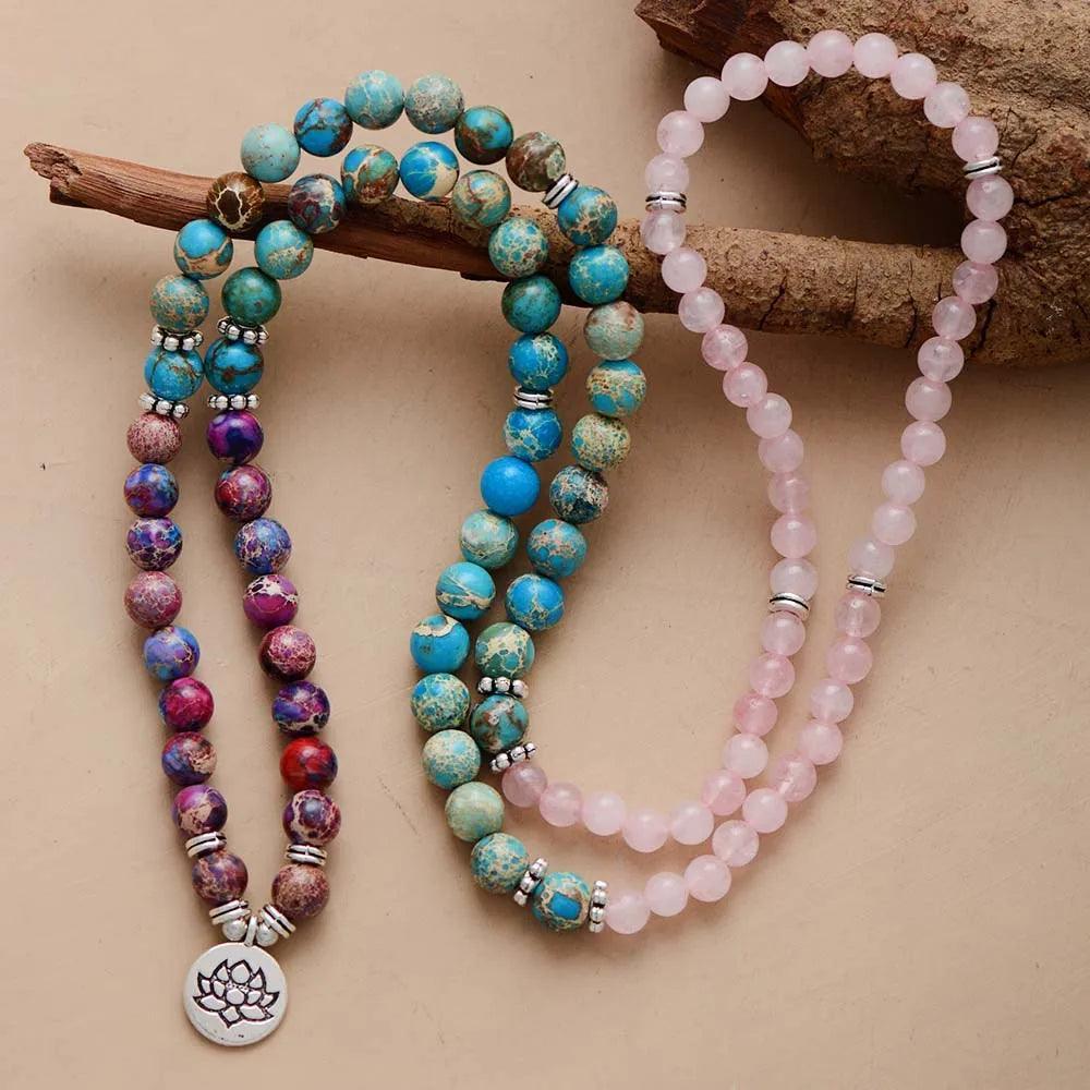 Bracelet Chakra & Collier 108 Perles - Jaspe et Quartz Rose - Bijou Collier GoHappy