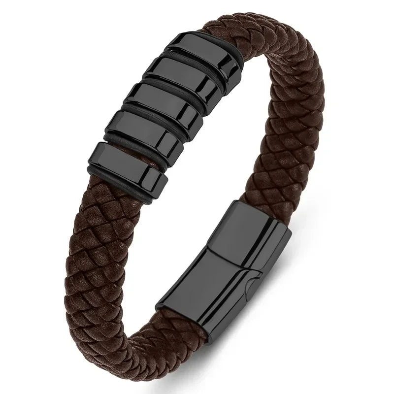 Bracelet Cuir Homme Personnalisé Gravure Prénoms Acier Tressé - bijou personnalisé GoHappy