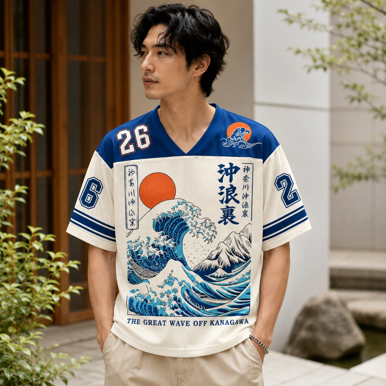 Hokusai Indigo T-shirt homme col V vague japonaise