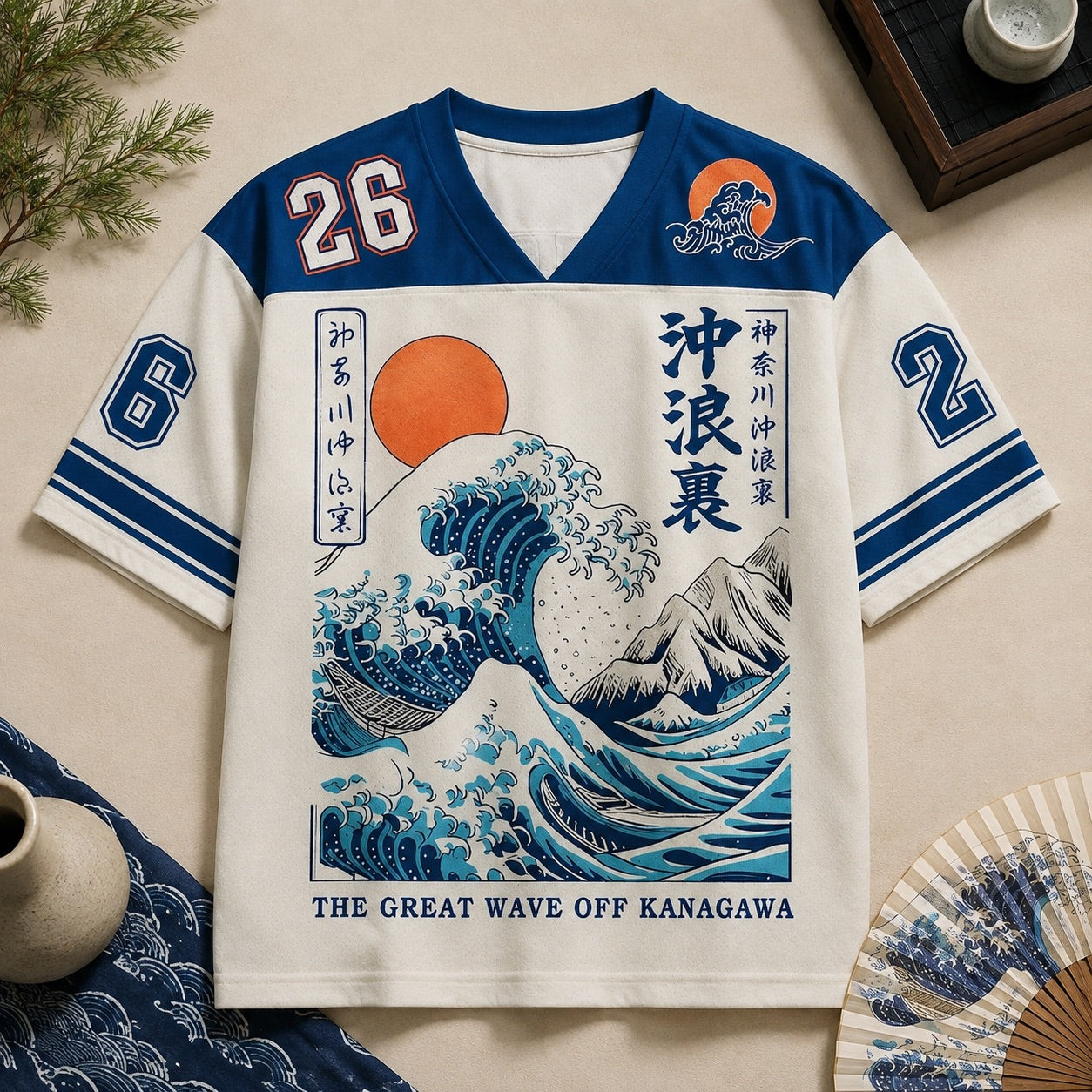 Hokusai Indigo T-shirt homme col V vague japonaise