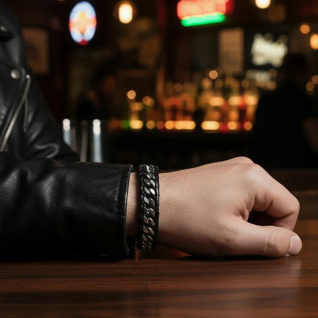 Iron Link bracelet cuir tressé acier inox