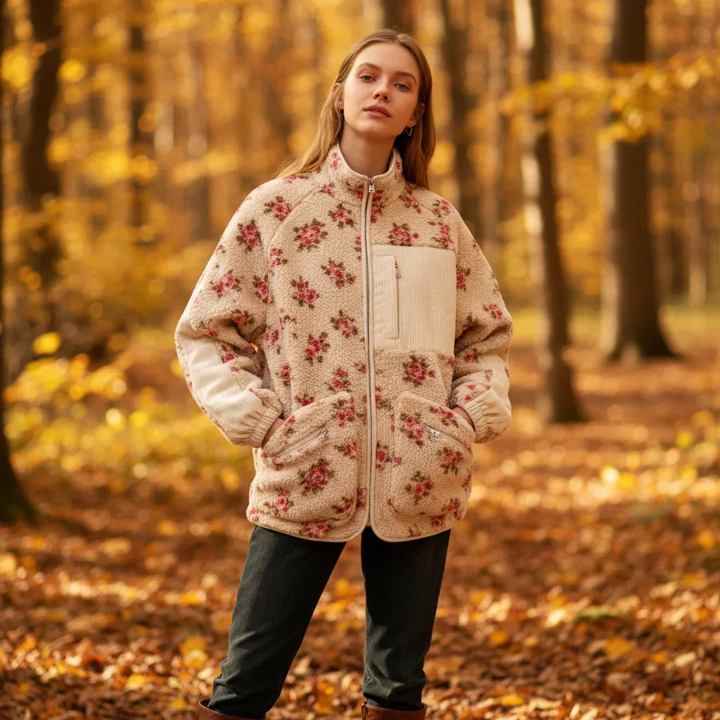 Veste Polaire Fleurie Femme Col Montant Zippée Épaisse Automne Hiver - Veste Polaire GoHappy