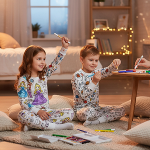 Pyjama enfant à colorier réutilisable à l'infini. 6 feutres double pointe inclus. 11 motifs disponibles. 95% coton doux. Activité créative calme avant le coucher.
