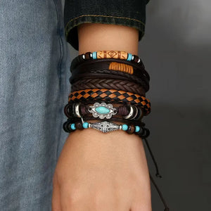 Bracelets ethniques en cuir et perles – Lot de 5 à 6 pièces – Style bohème et spirituel - bracelets cuir et pierres GoHappy