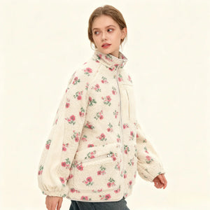 Veste Polaire Fleurie Femme Col Montant Zippée Épaisse Automne Hiver - Veste Polaire GoHappy