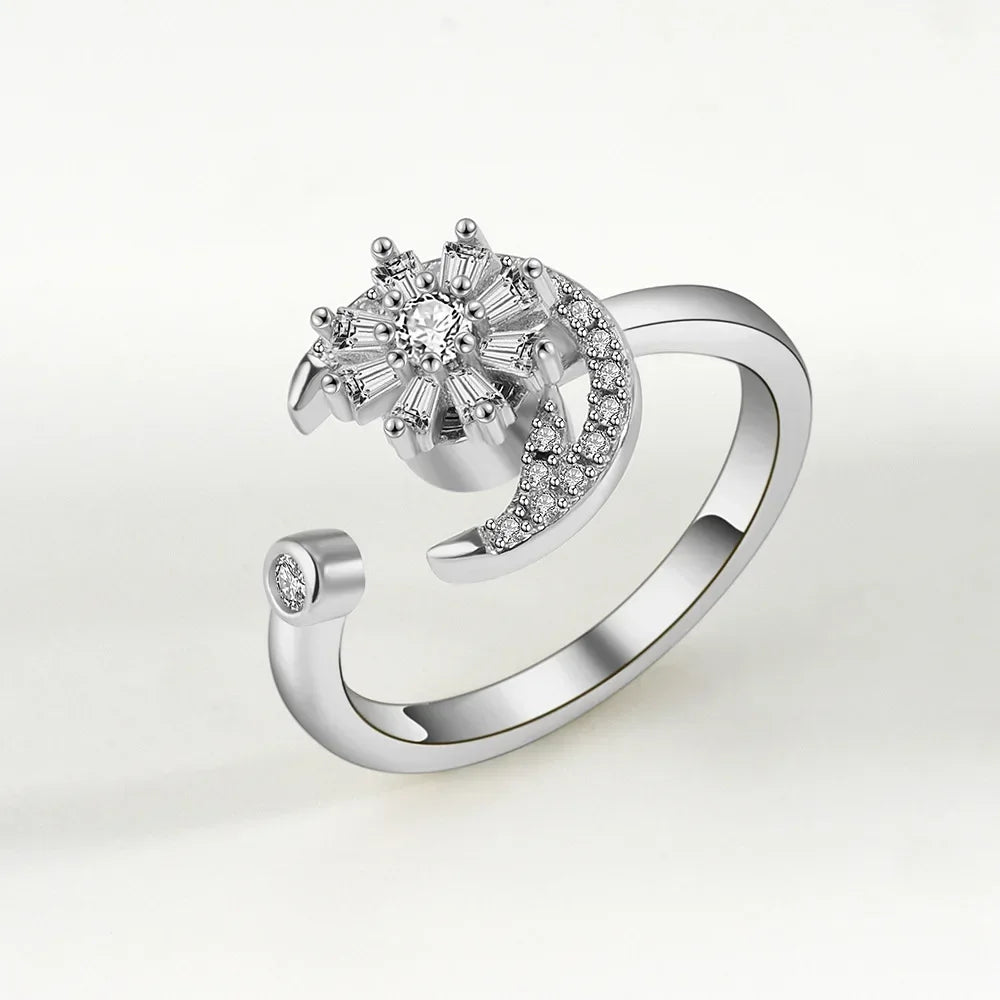Bagues Spinner Rotatives Fleur Abeille en Cristal Argent Ajustables - bague femme GoHappy