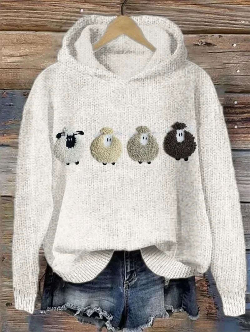 Pull Femme Tricot Écru Capuche - 4 Moutons Graphiques Boho Chic - pull-over femme GoHappy