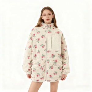 Veste Polaire Fleurie Femme Col Montant Zippée Épaisse Automne Hiver - Veste Polaire GoHappy