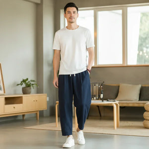 pantalon large fluide homme bleu marine taille élastique coton confortable GoHappy France