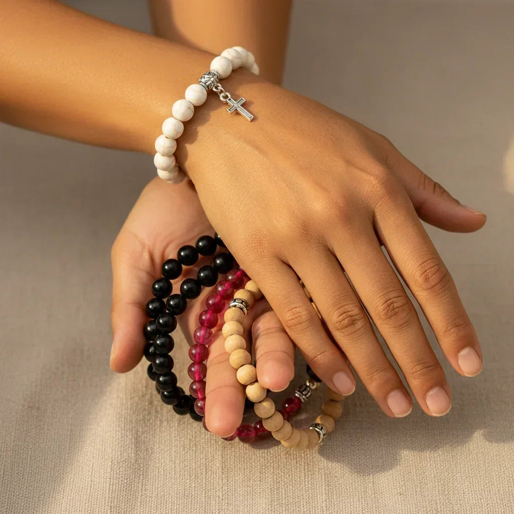 Bracelet Perles Croix Argent Pierre Naturelle Vertus Spirituel - Bracelets GoHappy