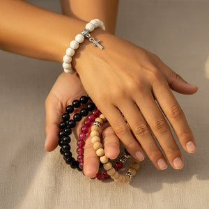 Bracelet Perles Croix Argent Pierre Naturelle Vertus Spirituel - Bracelets GoHappy