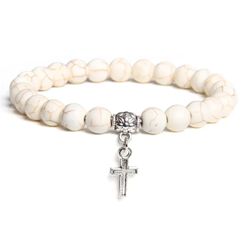 Bracelet Perles Croix Argent Pierre Naturelle Vertus Spirituel - Bracelets GoHappy