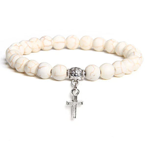 Bracelet Perles Croix Argent Pierre Naturelle Vertus Spirituel - Bracelets GoHappy
