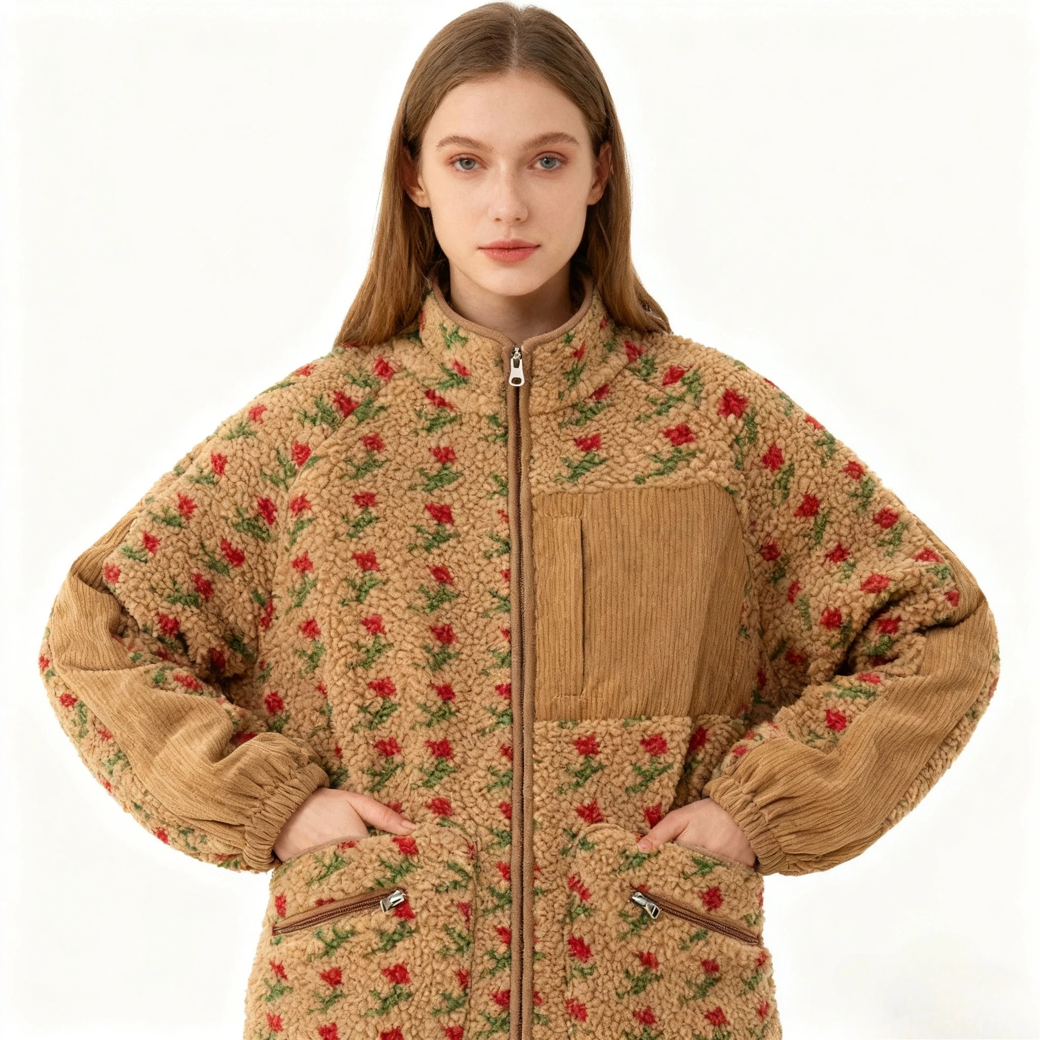 Veste Polaire Fleurie Femme Col Montant Zippée Épaisse Automne Hiver