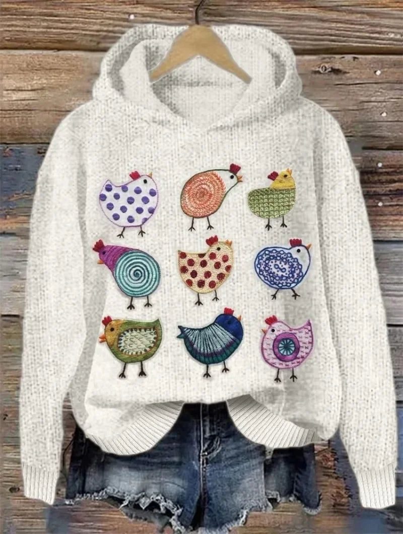 Pull Femme Tricot Écru Capuche - 9 Poules Multicolores Boho - pull-over femme GoHappy