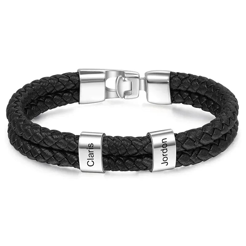 Bracelets Cuir Acier Personnalisé Gravure Prénoms Famille - bracelets personnalisables GoHappy