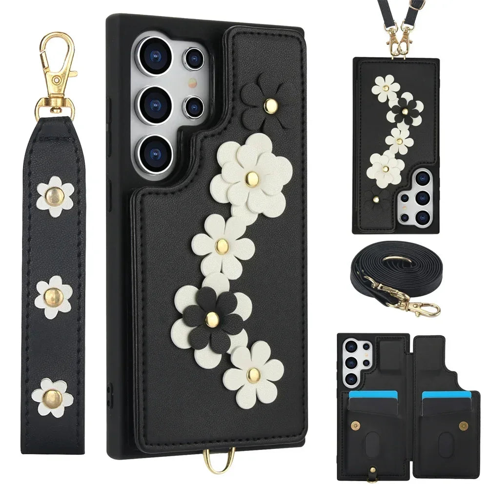 Coque Samsung portefeuille fleurie dragonne bandoulière - coques pour smartphone GoHappy