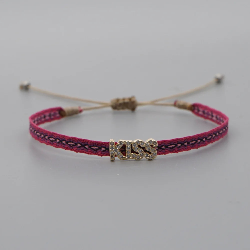 Bracelet Amitié Femme Coton Fin - Charm Cœur Strass Ajustable