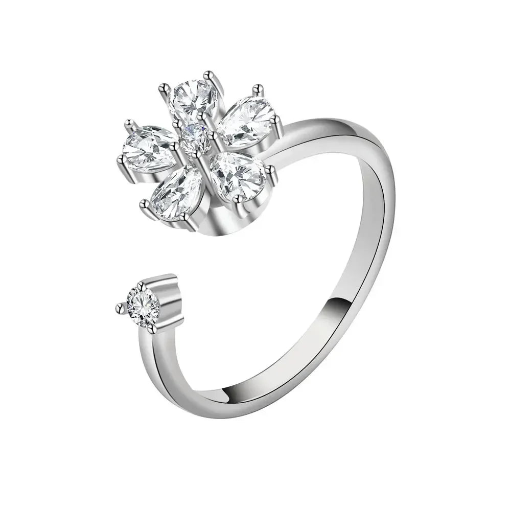 Bagues Spinner Rotatives Fleur Abeille en Cristal Argent Ajustables - bague femme GoHappy