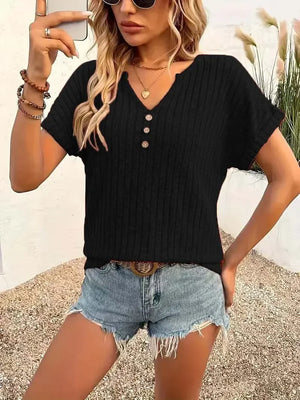 T-shirt Femme Côtelé Col V Boutons Manches Courtes Casual Chic - t-shirt femme GoHappy