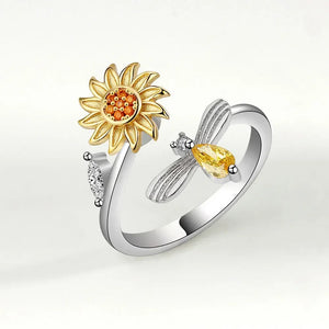Bagues Spinner Rotatives Fleur Abeille en Cristal Argent Ajustables - bague femme GoHappy