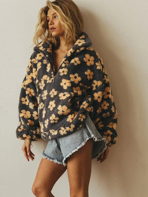 Pull Sweat Sherpa Fleurs Femme Doux Chaud Ample Style Cocooning - sweat-shirt GoHappy
